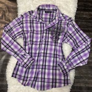 JAGUARRS PURPLE PLAID BUTTON DOWN LONG SLEEVE MCBLING Y2K GRUNGE ALT